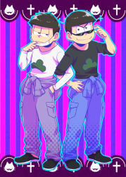 Rule 34 | 10s, 2boys, black hair, brothers, brown eyes, clothes around waist, cross, hand in pocket, hand on own hip, jacket, jacket around waist, jitome, locked arms, male focus, mask, matsuno ichimatsu, matsuno karamatsu, md5 mismatch, messy hair, mouth mask, multiple boys, osomatsu-kun, osomatsu-san, osomatsu (series), siblings, smile, sousui hani, striped, striped background, sunglasses, surgical mask