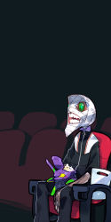 Rule 34 | 1boy, amiami, bandages, colored sclera, eva 01, food, green eyes, green sclera, highres, indoors, male focus, movie theater, neon genesis evangelion, open mouth, popcorn, seat, sitting, solo, teeth, zipper, zipper pull tab