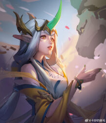 Rule 34 | 1girl, absurdres, artist name, chinese commentary, detached sleeves, dragon, eastern dragon, fingernails, green horns, green nails, hair ornament, highres, horns, immortal journey soraka, kamiaodeyemao, league of legends, long hair, looking at another, official alternate costume, official alternate hairstyle, outdoors, parted lips, pointy ears, single horn, sky, solo, soraka (league of legends), upper body, white hair, wide sleeves, yellow eyes