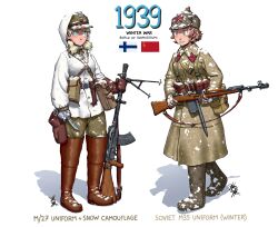 Rule 34 | 2girls, absurdres, barrel shroud, blonde hair, boots, brown hair, budenovka, camouflage, camouflage jacket, censored, censored symbol, closed mouth, coat, collar tabs, finland, finnish army, finnish flag, gloves, gun, hat, highres, holding, holding knife, jacket, knife, long sleeves, military, military coat, military hat, military jacket, military rank insignia, military uniform, multiple girls, original, ostwindprojekt, pants, red star, rifle, russia, russian army, short hair, simple background, snow, soldier, soviet, soviet army, soviet flag, standing, star (symbol), uniform, weapon, white background, world war ii