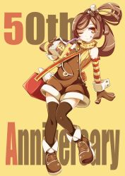 Rule 34 | 1girl, :q, anniversary, beanpaste, blush, boots, bow, brown eyes, brown footwear, brown gloves, brown hair, brown thighhighs, closed mouth, coffee bean hair ornament, cooler, drinking straw, english text, full body, gloves, highres, holding, knees together feet apart, long hair, looking at viewer, matching hair/eyes, milk carton, original, personification, ponytail, red bow, ribbed sweater, smile, solo, striped, sugar cube hair ornament, sweater, sweater vest, thighhighs, tongue, tongue out, turtleneck, yellow background, yellow sweater, yukico-tan, yukijirushi