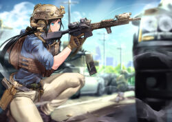 Rule 34 | 1girl, 1other, assault rifle, belt, black hair, blue eyes, blue shirt, blurry, boots, brown gloves, chest rig, cloud, depth of field, expressionless, from side, gloves, gun, handgun, helmet, highres, holster, long hair, original, pants, reloading, rifle, shell casing, shirt, smoke, solo, squatting, suppressor, tactical clothes, thighs, translation request, utility pole, utsucan, vest, weapon, weapon request