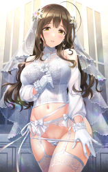 Rule 34 | 1girl, ahoge, bare shoulders, blush, breasts, bridal veil, bride, brown hair, commentary request, cowboy shot, crop top, detached sleeves, earrings, flower, garter belt, garter straps, gloves, hair flower, hair ornament, highres, idolmaster, idolmaster shiny colors, jewelry, kuwayama chiyuki, large breasts, long hair, long sleeves, looking at viewer, midriff, navel, panties, panties over garter belt, panty pull, parted lips, pulling own clothes, smile, solo, standing, stomach, thighhighs, underwear, underwear only, urabi (tomatohouse), veil, white gloves, white panties, white thighhighs, yellow eyes