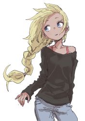 Rule 34 | 1girl, absurdres, black shirt, blue eyes, blue pants, bra strap, braid, commentary request, contrapposto, denim, highres, jeans, long hair, long sleeves, looking to the side, off shoulder, original, pants, parted lips, shirt, simple background, single braid, sketch, solo, standing, white background, yamamoto souichirou
