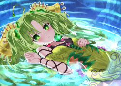 Rule 34 | 1girl, ahoge, bare shoulders, blush, breasts, collarbone, commentary request, cowboy shot, dress, duel monster, flower, frown, green dress, green eyes, green hair, hair ornament, hand on own stomach, jewelry, lazupeace, leaf, long hair, looking at viewer, lying on water, parted bangs, ripples, small breasts, solo, traptrix sera, twintails, very long hair, water, water surface, yu-gi-oh!