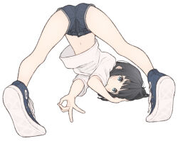 Rule 34 | 1girl, 1ssakawaguchi, ass, black hair, blue eyes, blue footwear, blue shorts, blunt bangs, blush, bob cut, closed mouth, clothes lift, commentary, denim, denim shorts, foreshortening, from behind, full body, hand on ground, hand to head, head on ground, heel up, highres, jack-o&#039; challenge, light blush, looking at viewer, looking back, loose hair strand, midriff, navel, ok sign, original, pursed lips, shirt, shirt lift, shoes, short hair, short shorts, short sleeves, shorts, sneakers, solo, spread legs, symbol-only commentary, t-shirt, top-down bottom-up, two-tone footwear, white footwear, white shirt