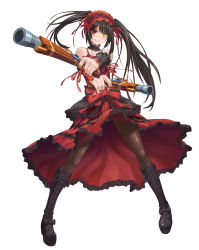 Rule 34 | 10s, 1girl, bare shoulders, black hair, black pantyhose, blush, boots, breasts, choker, clothes lift, cross-laced footwear, crossed arms, date a live, denhijou niki, dress, dual wielding, foreshortening, full body, glowing, gothic lolita, grin, gun, hairband, heterochromia, highres, holding, knee boots, lace-up boots, lolita fashion, lolita hairband, long hair, looking at viewer, pantyhose, platform boots, platform footwear, red eyes, ribbon, simple background, skirt, skirt lift, smile, solo, standing, tokisaki kurumi, twintails, uneven twintails, upskirt, weapon, yellow eyes