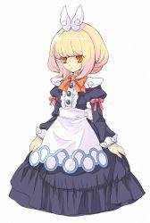 Rule 34 | 1girl, blonde hair, blue dress, bow, bowtie, dress, frills, highres, ito noizi, juliet sleeves, kamisama to unmei (series), kamisama to unmei kakumei no paradox, long sleeves, official art, orange eyes, puffy sleeves, shiratori lanael, short hair, solo, white background