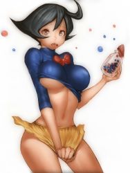 Rule 34 | 1970s (style), 1girl, aged up, ahoge, black hair, bottle, bow, breasts, brown eyes, candy, clothes pull, food, fumio (rsqkr), fushigi na merumo, impossible clothes, impossible shirt, large breasts, merumo, midriff, miracle candy, oldschool, pill, retro artstyle, shirt, shogakukan, short hair, simple background, skirt, skirt pull, solo, tezuka productions, tight clothes, tight shirt, tongue, underboob
