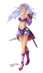 Rule 34 | 1980s (style), 1girl, bandana, bikini, blue eyes, blue hair, breasts, cleavage, dagger, detached sleeves, earrings, female focus, final fantasy, final fantasy ii, frodera, full body, highres, jewelry, knife, knife in head, knife sheath, leila, long hair, matching hair/eyes, necklace, object through head, oldschool, retro artstyle, see-through, sheath, simple background, solo, swimsuit, weapon, white background