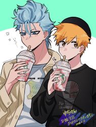 Rule 34 | 2boys, alternate costume, black sweater, bleach, blue eyes, blue hair, blush stickers, brand name imitation, brown eyes, casual, character name, closed mouth, clothes writing, commentary request, contemporary, cup, disposable cup, drinking, drinking straw, facial mark, green background, grimmjow jaegerjaquez, hand up, highres, holding, holding cup, jacket, kurosaki ichigo, long sleeves, looking down, looking to the side, mask print, multiple boys, open clothes, open jacket, orange hair, shirt, short hair, side-by-side, simple background, starbucks, sweater, twitter username, two-tone background, upper body, upturned eyes, v-shaped eyebrows, white background, white shirt, yanono 015, yellow jacket