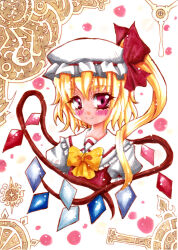 Rule 34 | 1girl, blonde hair, blush, bow, bowtie, closed mouth, collared shirt, cropped torso, flandre scarlet, frilled shirt collar, frills, hair bow, happy, hat, highres, izayoi gekka, light smile, looking at viewer, mob cap, multicolored wings, one side up, puffy short sleeves, puffy sleeves, red bow, red eyes, red ribbon, red vest, ribbon, ribbon-trimmed headwear, ribbon trim, shirt, short sleeves, solo, touhou, traditional media, upper body, vest, white hat, white shirt, wings, yellow bow, yellow bowtie