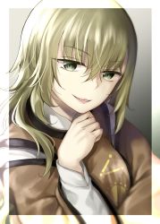 Rule 34 | 1girl, beige background, blonde hair, close-up, commentary request, detached sleeves, framed, gradient background, green eyes, grey background, hair between eyes, hand up, highres, lips, long hair, long sleeves, looking at viewer, matara okina, mimoto (aszxdfcv), no headwear, outside border, parted lips, sharp teeth, smile, solo, tabard, teeth, touhou, upper body, wide sleeves