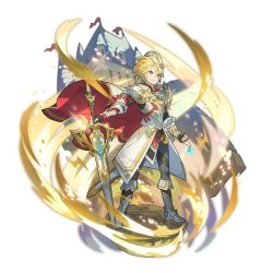 Rule 34 | armor, belt, blonde hair, blue eyes, boots, dragalia lost, euden, full body, holding, holding sword, holding weapon, jewelry, light, non-web source, official art, pendant, saitou naoki, short hair, solo, sword, transparent background, weapon