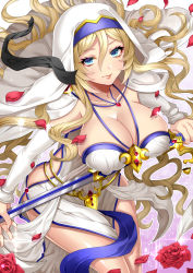 Rule 34 | 10s, 1girl, absurdres, unworn blindfold, blonde hair, blue eyes, breasts, cleavage, closed mouth, collarbone, covered erect nipples, detached sleeves, dress, falling petals, flower, goblin slayer!, hair between eyes, headdress, highres, holding, holding sword, holding weapon, jewelry, large breasts, legs, long hair, looking at viewer, necklace, petals, revealing clothes, side slit, smile, solo, sword, sword maiden, thighs, uzura (moimoi), weapon, white dress