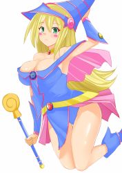Rule 34 | 1girl, bare legs, bare shoulders, blonde hair, blush, boots, breasts, cleavage, dark magician girl, duel monster, female focus, green eyes, hat, hifumiyo, highres, large breasts, legs, long hair, looking at viewer, magical girl, no bra, shiny skin, skirt, solo, wand, wizard hat, yu-gi-oh!