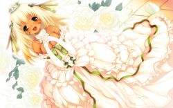 Rule 34 | 1girl, :d, blonde hair, blush, breasts, christo pu, cleavage, crown, dark skin, dark-skinned female, dress, dutch angle, eternity sword series, facial mark, flower, game cg, gown, own hands clasped, hitomaru, open mouth, own hands together, princess, seirei tenshou, smile, solo, tiara, wedding dress