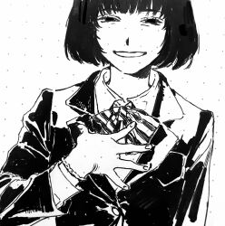 Rule 34 | 1girl, blazer, bow, bowtie, collared shirt, commentary, greyscale, hand on own chest, highres, jacket, kgeroua, long sleeves, looking at viewer, monochrome, original, parted lips, school uniform, shirt, short hair, smile, solo, upper body