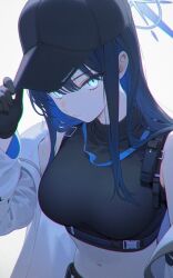Rule 34 | 1girl, ai-generated, bare shoulders, baseball cap, belt, black hair, black hat, black shirt, blue archive, blue eyes, blue hair, breasts, crop top, gloves, halo, hat, highres, large breasts, long hair, looking at viewer, mask, midriff, navel, poki (j0ch3fvj6nd), saori (blue archive), shirt, sleeveless, sleeveless shirt, solo, stomach
