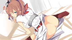 Rule 34 | 10s, 1girl, arm support, ass, bed, bed sheet, blue eyes, blush, breast pocket, breasts, brown hair, dress, from behind, hair between eyes, hair ornament, impossible clothes, kantai collection, large breasts, long hair, looking at viewer, neckerchief, no panties, one eye closed, open mouth, pocket, ponytail, red neckerchief, red thighhighs, saratoga (kancolle), side ponytail, sidelocks, sitting, smokestack, solo, tenpesuto, thighhighs, waking up, wariza, white dress