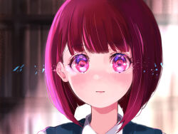 Rule 34 | 1girl, arima kana, blunt bangs, blush, bob cut, close-up, commentary request, highres, light particles, oshi no ko, parted lips, partial commentary, pink eyes, red hair, shirt, short hair, solo, suguri nojo, white shirt