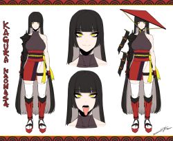 Rule 34 | 1girl, bare shoulders, black hair, breasts, character name, character sheet, eyelashes, full body, gauntlets, hat, hime cut, j.k., long hair, long tongue, looking at viewer, mechanical arms, mole, mole under eye, multiple views, open mouth, original, sandals, single mechanical arm, smile, teeth, thighhighs, tongue, tongue out, very long hair, white thighhighs, yellow eyes