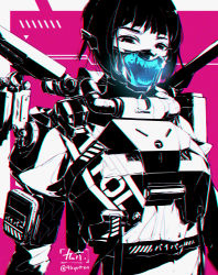 Rule 34 | 1girl, 96yottea, animification, apex legends, armor, breastplate, chromatic aberration, fluorescent tech valkyrie, glowing, highres, jetpack, looking at viewer, mask, monochrome, mouth mask, official alternate costume, ponytail, solo, spot color, upper body, valkyrie (apex legends)