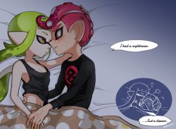 Rule 34 | 1boy, 1girl, black shirt, blue eyes, blunt bangs, breasts, brown eyes, cleavage, closed eyes, comforting, commentary, dark skin, dated, english text, fang, frown, green hair, hand on another&#039;s head, head on chest, hetero, holding hands, inkling, inkling girl, inkling player character, inset, long hair, long sleeves, looking at another, lying, medium breasts, nintendo, octoling, octoling boy, octoling player character, on bed, on side, parted lips, pointy ears, print shirt, red hair, shirt, splatoon (series), splatoon 2, splatoon 2: octo expansion, tank top, tearing up, tentacle hair, under covers, wavy mouth, yeneny