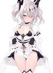Rule 34 | 1girl, azur lane, black choker, black gloves, blade (galaxist), breasts, breasts apart, choker, cowboy shot, dress, fingerless gloves, gloves, grey hair, highres, joffre (azur lane), juliet sleeves, long hair, long sleeves, looking at viewer, medium breasts, no bra, parted lips, pink eyes, puffy sleeves, showgirl skirt, solo, standing, thighhighs, thighs, twintails, white dress, white thighhighs, wings
