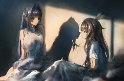 Rule 34 | 2girls, absurdres, bed, bed sheet, blanket, blue hair, blunt bangs, brown hair, feather hair ornament, feathers, greedice, hair down, hair ornament, highres, hololive, hololive english, indoors, long hair, messy hair, morning, multicolored hair, multiple girls, nanashi mumei, on bed, ouro kronii, pillow, shadow, shirt, short sleeves, sitting, sleeveless, sweater, two-tone hair, virtual youtuber, waking up, white sweater