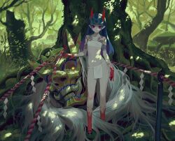 Rule 34 | 1girl, black footwear, blue hair, blunt bangs, breasts, bright pupils, bush, character request, chest strap, colored skin, copyright request, forest, full body, highres, horns, loincloth, looking at viewer, mask, multicolored skin, nature, oni, oni horns, pale skin, plant roots, pointy ears, purple eyes, red skin, rope, sarcophage, shoulder tattoo, sidelocks, small breasts, standing, tattoo, thick eyebrows, two-tone skin, white pupils