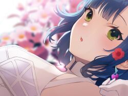 Rule 34 | 1girl, bare shoulders, blue hair, blurry, blurry background, blush, breasts, close-up, dress, earrings, floral background, flower, hair flower, hair ornament, heart, heart earrings, idolmaster, idolmaster million live!, idolmaster million live! theater days, jewelry, looking at viewer, medium breasts, nanao yuriko, open mouth, short hair, solo, white dress, yellow eyes, yurancoco
