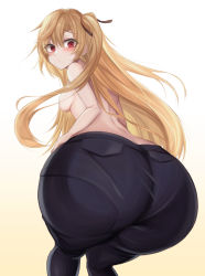 Rule 34 | 1girl, absurdres, ass, azur lane, bare shoulders, bent over, blonde hair, breasts, cleveland (azur lane), commentary request, gradient background, hair ribbon, highres, huge ass, looking at viewer, looking back, pantylines, red eyes, ribbon, screw (artist), solo, surprised, sweatdrop, white background, yellow background