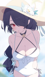 Rule 34 | 1girl, arms behind back, black hair, blue archive, blurry, blurry background, blush, braid, breasts, cleavage, cross, cross earrings, earrings, flower, hair over one eye, halo, hat, hat flower, highres, hinata (blue archive), hinata (swimsuit) (blue archive), jewelry, large breasts, long hair, looking at viewer, official alternate costume, one-piece swimsuit, parted lips, red eyes, single braid, solo, sun hat, supershiruco, swimsuit, very long hair, white flower, white one-piece swimsuit