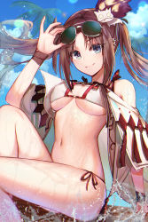 Rule 34 | 1girl, bare shoulders, bikini, blush, breasts, brown hair, cleavage, dolce (dolsuke), ear piercing, eyewear on head, fate/grand order, fate (series), grey eyes, hair ornament, highres, jewelry, long hair, looking at viewer, medium breasts, multiple piercings, navel, open clothes, piercing, robe, sitting, solo, sunglasses, swimsuit, twintails, very long hair, wet, white bikini, yu mei-ren (fate), yu mei-ren (swimsuit lancer) (fate)