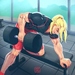 Rule 34 | 1boy, bench, blonde hair, dumbbell, exercising, closed eyes, gym, heyjay, ken masters, male focus, mismatched eyebrows, muscular, muscular male, on one knee, ponytail, red shorts, shirt, shorts, solo, street fighter, street fighter v, sweat, t-shirt, thick eyebrows, tight clothes, tight shirt, weightlifting