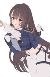 Rule 34 | 1girl, 1other, :o, absurdres, ascot, blue jacket, blush, breasts, brown eyes, brown hair, cropped jacket, epaulettes, gloves, goddess of victory: nikke, highres, holding, jacket, large breasts, long hair, marciana (nikke), military jacket, navel, navel piercing, pants, parted lips, piercing, pulling, richiman, simple background, tight clothes, tight pants, unfinished, white ascot, white background, white gloves, white pants