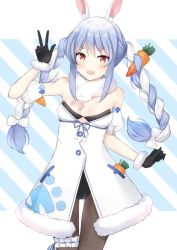 Rule 34 | 1girl, animal ear fluff, animal ears, black gloves, blue hair, braid, breasts, bridal garter, buttons, carrot, carrot hair ornament, cleavage, diagonal stripes, ecleil, eyebrows, food-themed hair ornament, gloves, hair ornament, highres, hololive, long braid, long hair, looking at viewer, multicolored hair, open mouth, pantyhose, pocket, rabbit ears, rabbit girl, red eyes, scarf, small breasts, solo, striped, striped background, teeth, twin braids, two-tone hair, upper teeth only, usada pekora, usada pekora (1st costume), virtual youtuber, w, white hair