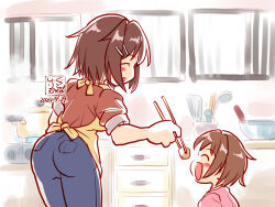 2girls alternate_costume apron artist_logo blue_pants bowl brown_hair chopsticks closed_eyes commentary_request cooking_pot cowboy_shot dated denim feeding furutaka_(kancolle) hair_ornament hairclip jeans kantai_collection kitchen kutone_shirika ladle multiple_girls pants pocket red_shirt shirt short_hair window yellow_apron