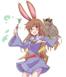 Rule 34 | 10s, 1girl, :d, animal ears, animal on arm, bare legs, belt, bird, bird on arm, blue dress, blush, brown hair, cosplay, dress, female focus, glasses, han megumi, happy, holding, holding wand, iesupa, kagari atsuko, kagari atsuko (cosplay), legs, little witch academia, long hair, long sleeves, looking at viewer, magic, open mouth, owl, rabbit ears, rabbit tail, red-framed eyewear, round teeth, rwby, school uniform, smile, standing, tail, teeth, velvet scarlatina, voice actor connection, wand, wide sleeves, witch
