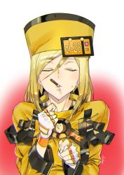 Rule 34 | 1girl, ashiomi masato, blonde hair, closed eyes, fingerless gloves, food, fur hat, gloves, guilty gear, guilty gear xrd, hat, incoming pocky kiss, millia rage, mouth hold, pocky, pocky day, solo, sweat, ushanka