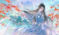 Rule 34 | 1girl, absurdres, blue dress, brown hair, building, closed mouth, dress, earrings, expressionless, facial mark, forehead mark, highres, holding, holding sword, holding weapon, jewelry, keru (artist), leaf, long hair, looking at viewer, lu xueqi (zhu xian), maple leaf, mountain, reaching, reverse grip, sword, tiara, upper body, weapon, zhu xian