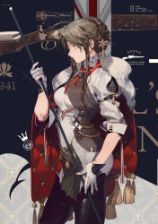 Rule 34 | 1girl, black footwear, blue eyes, bolt action, boots, breasts, brown hair, cape, closed mouth, cowboy shot, from side, girls&#039; frontline, gloves, green eyes, gun, hair bun, hair ornament, holding, jacket, jacket on shoulders, lee-enfield, lee-enfield (girls&#039; frontline), lee enfield, long hair, looking to the side, medium breasts, rei (sanbonzakura), rifle, sidelocks, single hair bun, sleeves rolled up, solo, thigh boots, thighhighs, union jack, vest, weapon, white gloves