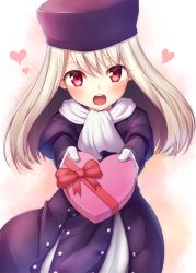 Rule 34 | albino, blush, bow, box, capelet, coat, commentary request, cowboy shot, dress, fal (fal-se-0), fate/stay night, fate (series), gift, gift box, gift wrapping, gloves, happy, heart, holding, holding gift, illyasviel von einzbern, incoming gift, long hair, looking at viewer, outstretched arms, purple coat, purple hair, red bow, red eyes, scarf, simple background, teeth, upper teeth only, valentine, white dress, white gloves, white hair, white scarf, winter clothes