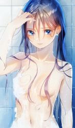 Rule 34 | 1girl, blue eyes, blue hair, blush, breasts, censored, convenient censoring, ear piercing, earrings, hami yura, highres, jewelry, multicolored hair, censored nipples, original, piercing, pink hair, shower (place), showering, single earring, soap bubbles, soap censor, solo, tile wall, tiles, two-tone hair, wet, wet hair