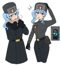 Rule 34 | 1girl, among us, belt, belt pouch, black coat, black gloves, black pants, blue eyes, blue hair, breath, coat, crewmate (among us), cropped legs, emblem, fur hat, gloves, grey shirt, hand to head, hands up, hat, highres, hololive, hoshimachi suisei, kj (kusojack), kunreishiki, long hair, long sleeves, looking at viewer, open mouth, pants, personification, pouch, ringlets, romaji text, russian clothes, scarf, shirt, side ponytail, sidelocks, simple background, solo, uniform, unworn coat, ushanka, virtual youtuber, warming hands, wavy hair, white background
