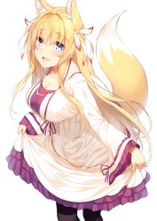 Rule 34 | 1girl, absurdres, animal ear fluff, animal ears, black pantyhose, blonde hair, blue eyes, blush, borrowed character, breasts, cleavage, clothes lift, commentary request, dress, fox ears, fox tail, hair between eyes, highres, konoha (nozomi tsubame), large breasts, lifted by self, long hair, looking at viewer, open mouth, original, pantyhose, simple background, skirt, skirt lift, smile, solo, tail, white background, white dress, yappen