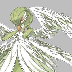 Rule 34 | 1girl, bob cut, closed mouth, colored skin, creatures (company), feathered wings, female focus, flat chest, game freak, gardevoir, gen 3 pokemon, green hair, green skin, grey background, grey outline, hair over one eye, hand on own hip, happy, jaggy lines, low wings, lowres, multicolored skin, multiple wings, nintendo, one eye covered, oyama yoihaya, pokemon, pokemon (creature), red eyes, shiny skin, short hair, simple background, smile, solo, standing, two-tone skin, white skin, white wings, wings