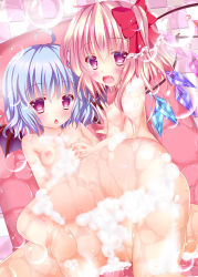 Rule 34 | 2girls, ass, bad id, bad pixiv id, barefoot, bat wings, blonde hair, blue hair, blush, bow, breasts, censored, convenient censoring, fang, flandre scarlet, hair bow, holding hands, highres, interlocked fingers, kneeling, looking at viewer, looking back, multiple girls, navel, nipples, nude, pink eyes, remilia scarlet, revision, rika-tan (rikatantan), siblings, sisters, sitting, small breasts, spread legs, steam, touhou, wet, wings