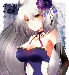 Rule 34 | 1girl, absurdres, ahoge, bad id, bad pixiv id, blush, breasts, choker, cleavage, clothing cutout, dress, elbow gloves, fate/grand order, fate (series), flower, gloves, grey hair, hair flower, hair ornament, highres, jeanne d&#039;arc (fate), jeanne d&#039;arc alter (avenger) (fate), jeanne d&#039;arc alter (fate), long hair, medium breasts, navel cutout, official alternate costume, ribbon choker, sana hamada, side cutout, solo, strapless, strapless dress, yellow eyes